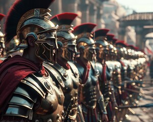 A legion of Roman soldiers in formation, wearing armor and helmets, carrying shields and spears.