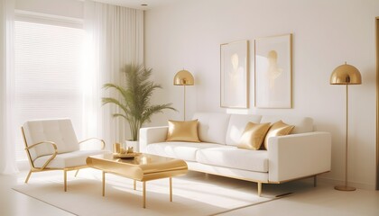 white and gold theme interior modern minimalism photo realism