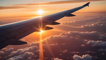 airplane in the sky at sunset, Scenic view of clouds seen through airplane window during sunset