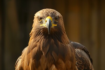 Obraz premium Close-up portrait of a majestic golden eagle staring intensely with its sharp eyes and powerful gaze in its natural habitat. Showcasing the intricate detail of its feathers and beak