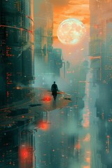 A lonely figure walks through a futuristic city.