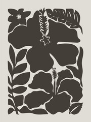 Abstract botany print in naive art style. Trendy retro poster with hibiscus flowers and leaves in monochrome style. 70s style groovy design for wall prints.