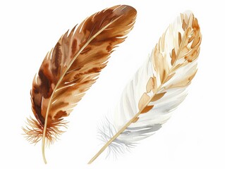 Turkey feather, brown and white, isolated on white background, watercolor style