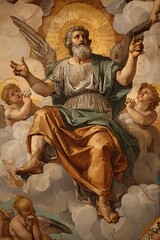 A painting of God surrounded by clouds and angels.