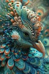 Obraz premium A peacock with blue and green feathers and a golden beak.