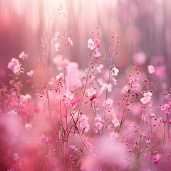 A Sea of Pink Flowers Basking in the Warm Sunlight, Blooming Pink Flowers Carpet a Field Bathed in Golden Light, A Vibrant Field of Pink Flowers Swaying Gently in the Breeze, generative ai