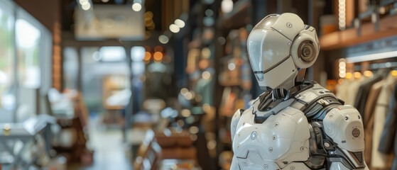 Unreal Engine 3D Daily Interaction with Robots, Retail_Store_Environment, Industrial_Robot, Cleaning_Activity, Disabled_User, Noon_Time, AI_Technology, Transparent_Design_Visual_Effects, Curious_Mood,