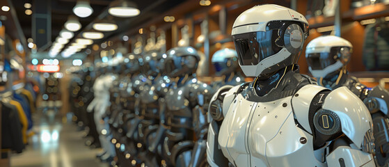 Fototapeta premium Unreal Engine 3D Daily Interaction with Robots, Retail_Store_Environment, Household_Robot, Repairing_Activity, Shoppers_User, Break_Time, Wearable_Technology, Rugged_Design_Visual_Effects,