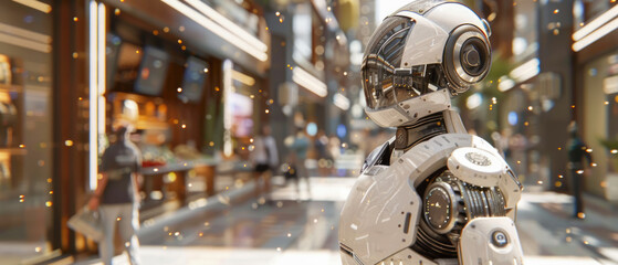 Fototapeta premium Unreal Engine 3D Daily Interaction with Robots, Retail_Store_Environment, Industrial_Robot, Cleaning_Activity, Disabled_User, Noon_Time, AI_Technology, Transparent_Design_Visual_Effects, Curious_Mood,