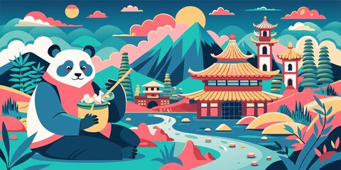 traditional asian painted landscape, panda, bamboo, temple, mountains and water