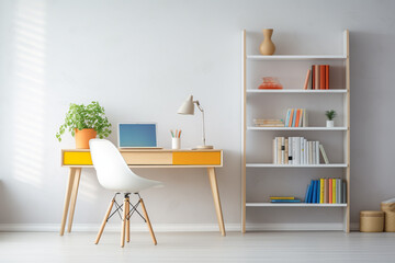 A modern minimalist office space showcasing a light-colored desk, a minimal chair, and floating shelves highlighting a colorful assortment of books and decorative pieces.