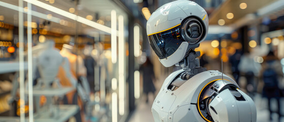 Fototapeta premium Unreal Engine 3D Daily Interaction with Robots, Retail_Store_Environment, Household_Robot, Repairing_Activity, Shoppers_User, Break_Time, Wearable_Technology, Rugged_Design_Visual_Effects,
