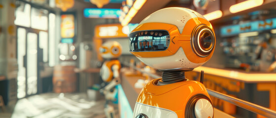 Fototapeta premium Unreal Engine 3D Daily Interaction with Robots, Retail_Store_Environment, Household_Robot, Repairing_Activity, Shoppers_User, Break_Time, Wearable_Technology, Rugged_Design_Visual_Effects,
