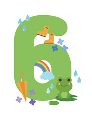 Typographic illustration of June summer concept. Set of number 6 and frog characters with umbrella, rain boots, flowers, rain, rainbow and hydrangeas.