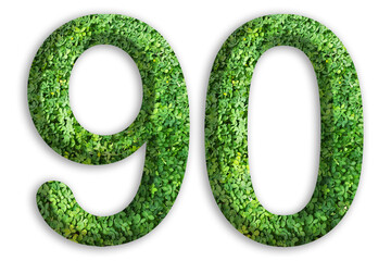 3d of the number of 90 is made from green grass on white background, go green concept