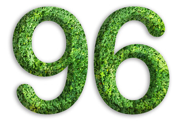 3d of the number of 96 is made from green grass on white background, go green concept