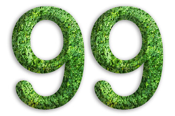 3d of the number of 99 is made from green grass on white background, go green concept