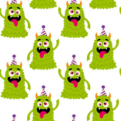 Obraz premium Pattern for textile, wrapping paper, background. Funny green monster in flat style on a white background. Kids cartoon character.