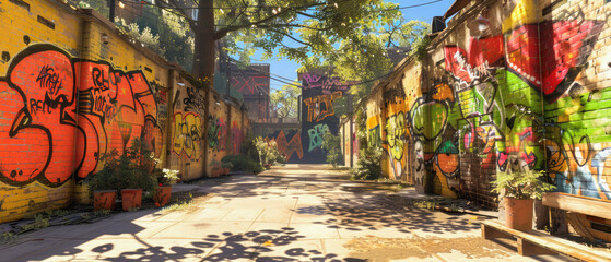 Unreal Engine 3D Street Art and Social Movements, Schoolyard_Environment, Graffiti_Art, Political_Protest_Theme, Local_Artist, Noon_Time, Shadow_Play_Visual_Effects, Passersby_Audience,