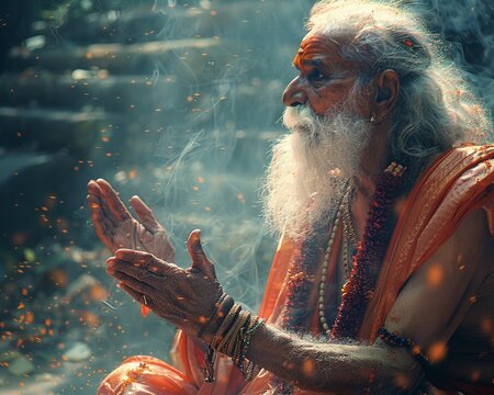 An old man with a long white beard and wearing an orange robe is sitting in a temple, praying with his hands together.