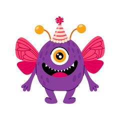 Funny monster with butterfly wings in flat style. Birthday, holiday, congratulation. Kids monster character.