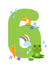 Typographic illustration of June summer concept. Set of number 6 and frog characters with umbrella, rain boots, flowers, rain, rainbow and hydrangeas.