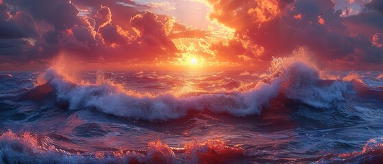 Beautiful sunset over the sea with waves and clouds