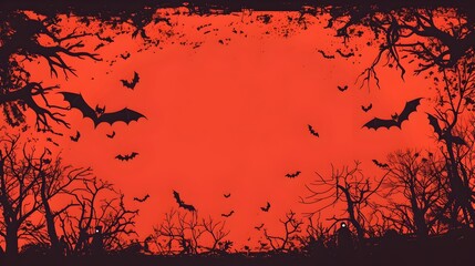 Haunting Halloween Doodle Border with Chilling Silhouettes and Blood Red Sky