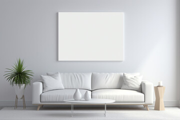 A modern, monochromatic living room in shades of white and grey, featuring a minimalist sofa and an empty white frame mockup.
