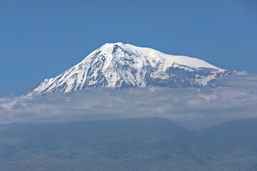 Mount Ararat covered with snow, dormant compound volcano in the extreme east of Turkey. View from the Armenian side.