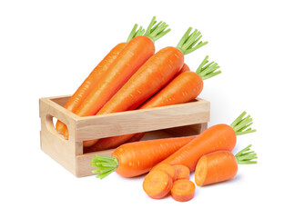 Carrots in wooden crate and carrot cut slices isolated on white background. 