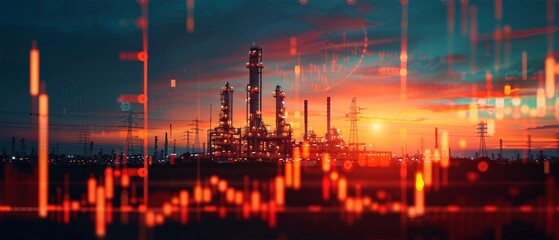 Industrial energy refinery at sunset with fluctuating stock market graph overlay, symbolizing energy market trends and financial analysis.