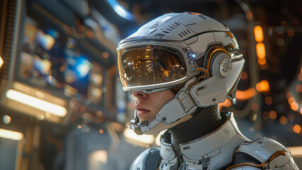 Fototapeta premium Unreal Engine 3D Everyday Space Fashion, Home_Environment, Retro_Futuristic_Apparel, Augmented_Visuals_Goggles_Accessories, Research_Mission_Activity, Space_Tourists_User, Evening_Time,
