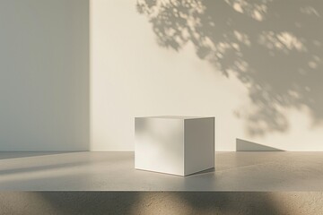 A minimalist scene with a blank white box centered on a smooth concrete surface, illuminated by soft natural light from a nearby window.