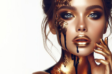 Obraz premium stunning beautiful girl portrait in gold paint foil dark ink dripping on a white background