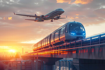 View railway track and suburban electric train rushing to the departure area airfield. Passenger plane flying in sky, landing at airport. Concept of modern infrastructure transport travel.