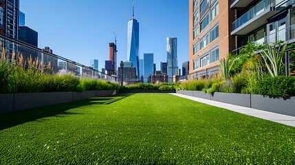 A large, rectangular area of green artificial grass on the roof top in downtown New York city with modern buildings and plants. like a rooftop garden or park for outdoor activities.
