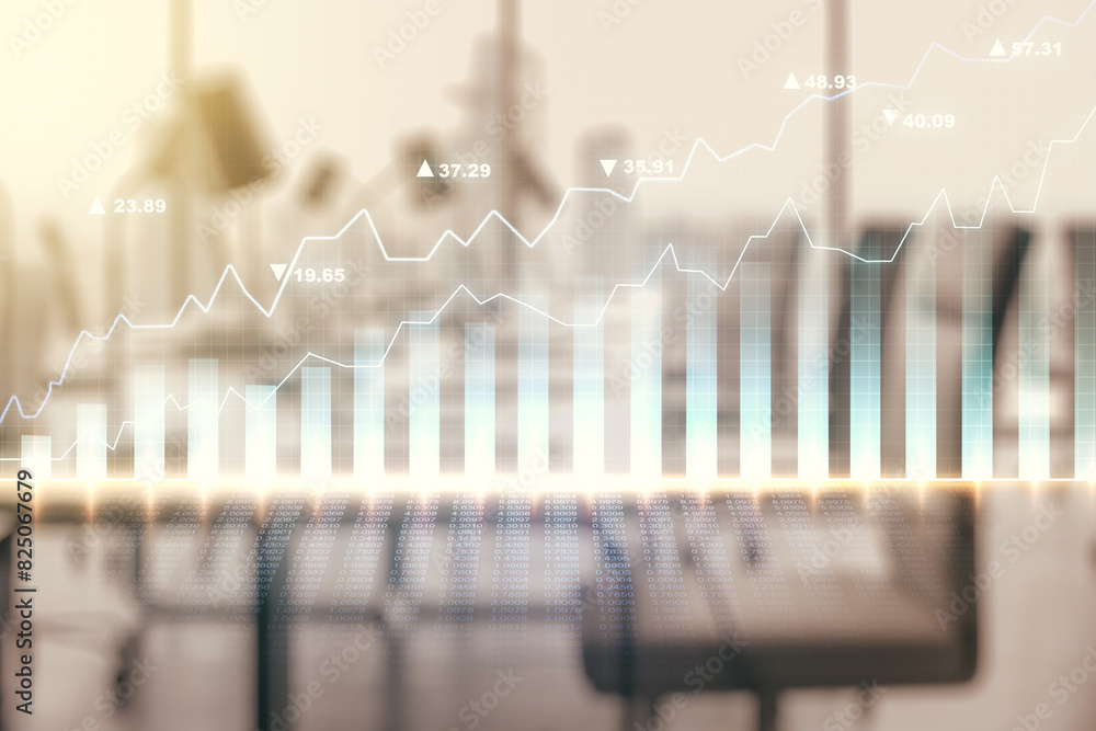 Aufkleber multi exposure of abstract virtual financial graph hologram on a modern furnished office background,