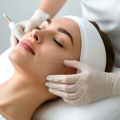A young woman undergoes an ultrasonic facial massage to improve skin color and texture. A cosmetologist does a microdermabrasion procedure for facial skin in a beauty salon. Space for text. Banner