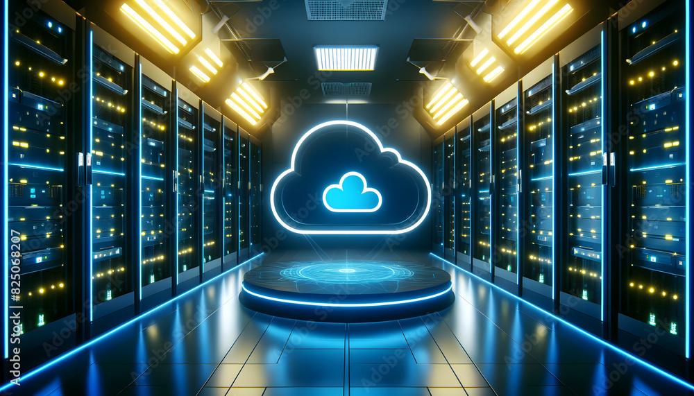 Poster a high-tech server room with rows of servers on both sides and a glowing blue cloud icon in the cent