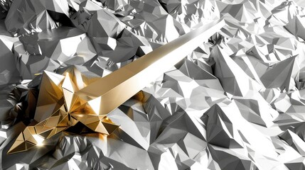 3D Rendered Gold Origami Sword Cutting Through Silver Field: Symbolizing Strength and Progressive Change in a Striking Contrast of Metallic Textures and Futuristic Design Generative ai