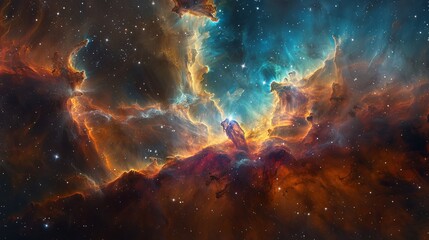 Obraz premium A nebula art illustration featuring a vibrant explosion of colors and shapes, representing the birth of new stars in the heart of a cosmic cloud.