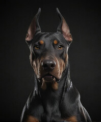 The illustration depicts a Doberman head in close-up against a black background. It stares directly at the camera, with brown eyes, black ears, and nose, wearing a black collar with a chain. 