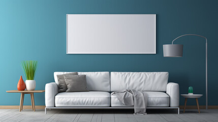 A monochromatic scheme with a charcoal grey couch against a slate blue wall, adorned with a pop of color through a blank empty white frame mockup.
