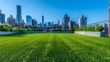 A large, rectangular area of green artificial grass on the roof top in downtown New York city with...