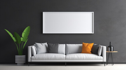 A monochromatic scheme with a charcoal grey couch against a slate grey wall, adorned with a pop of color through a blank empty white frame mockup.