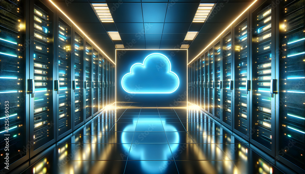 Poster a high-tech server room with rows of servers on both sides and a glowing blue cloud icon in the cent