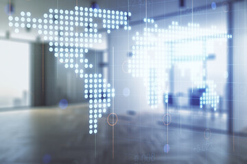 Abstract creative world map interface on a modern furnished office background, international trading concept. Multiexposure