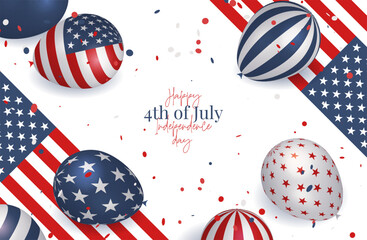 Minimalistic greeting card of 4th July, independence day of USA with borders of colorful 3d helium balloons. Realistic frame with three dimensional elements. Vector illustration.