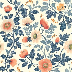 1920s Garden Party Floral Seamless Pattern with Full-Bloom Flowers

